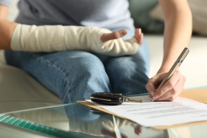 Injured woman signing papers